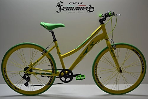 Biciclette da città : Bicicletta Ibrida Trekking Donna Alluminio 3x7 Giallo Nero Totalmente Personalizzabile