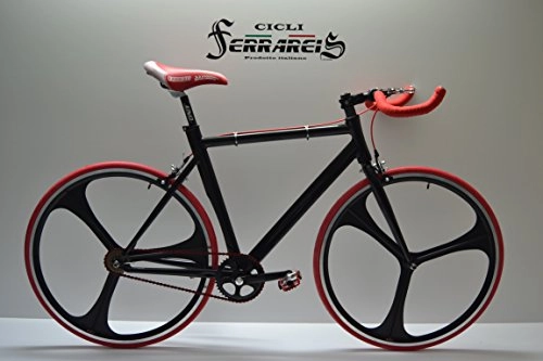 Biciclette da città : Cicli Ferrareis Fixed Bike Single Speed Bici 3 Razze Nera e Rossa Personalizzabile