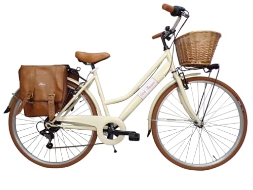 Biciclette da città : Cicli Tessari - bicicletta da donna bici da città city bike da passeggio 28'' con cambio vintage retro' beige cesto vimini borse laterali (beige)