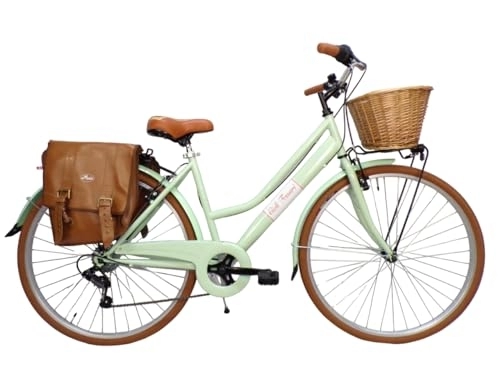 Biciclette da città : Cicli Tessari - bicicletta da donna bici da città city bike da passeggio 28'' con cambio vintage retro' verde cesto vimini e borse laterali