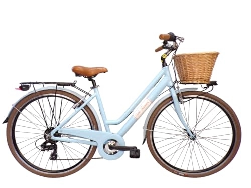 Biciclette da città : Cicli Tessari - bicicletta da donna telaio in ALLUMINIO bici city bike 28'' vintage retro' cesto in vimini (azzurro)