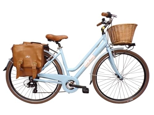 Biciclette da città : Cicli Tessari - bicicletta donna bici da donna city bike 28'' telaio in alluminio vintage retro' cesto vimini + borse laterali (azzurro)