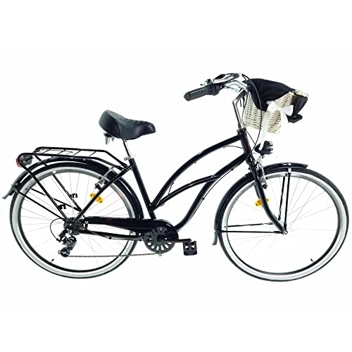 Biciclette da città : Davi Bianca Cruiser Premium Bike in alluminio 160-185 cm altezza, Bicicletta Bici Citybike Donna Vintage Retro, Luce Bici, 7 marce, City Bike da Donna, Bici da Donna, Bici da Città (Nero)