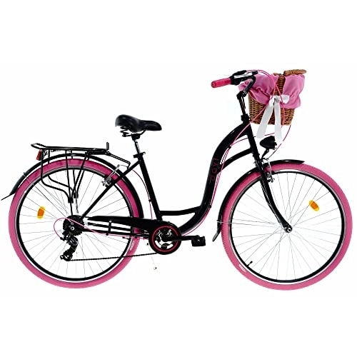 Biciclette da città : Davi Emma Premium Bici da Donna, 160-185 cm altezza, Bicicletta Bici Citybike Donna Vintage Retro, Luce Bici, 7 marce, City Bike da Donna, Bici da Donna, Bici da Città (Nero / Rosa)