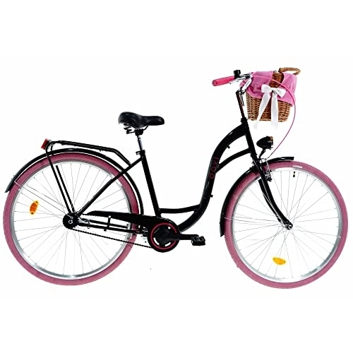 Biciclette da città : Davi Lila Premium Bici da Donna, 160-185 cm altezza, Bicicletta Bici Citybike Donna Vintage Retro, Luce Bici, 1 marcia, City Bike da Donna, Bici da Donna, Bici da Città (Nero / Rosa)