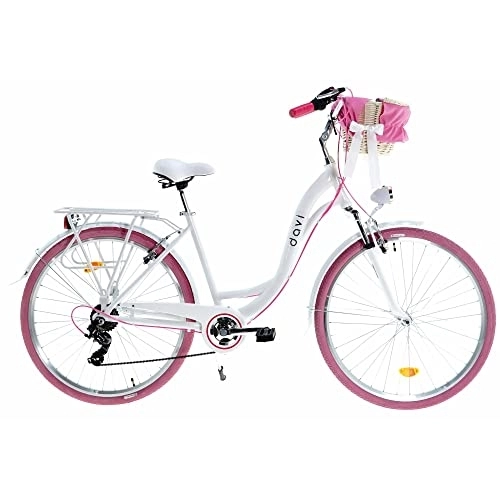 Biciclette da città : Davi Maria Premium Bike in alluminio 160-185 cm altezza, Bicicletta Bici Citybike Donna Vintage Retro, Luce Bici, 7 marce, City Bike da Donna, Bici da Donna, Bici da Città (Bianco / Rosa)