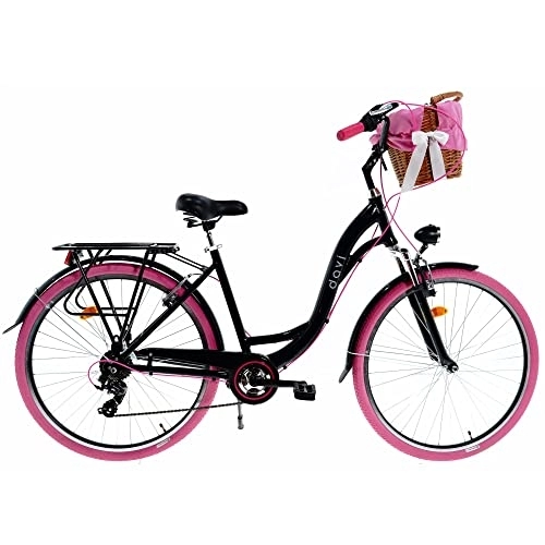 Biciclette da città : Davi Maria Premium Bike in alluminio 160-185 cm altezza, Bicicletta Bici Citybike Donna Vintage Retro, Luce Bici, 7 marce, City Bike da Donna, Bici da Donna, Bici da Città (Nero / Rosa)