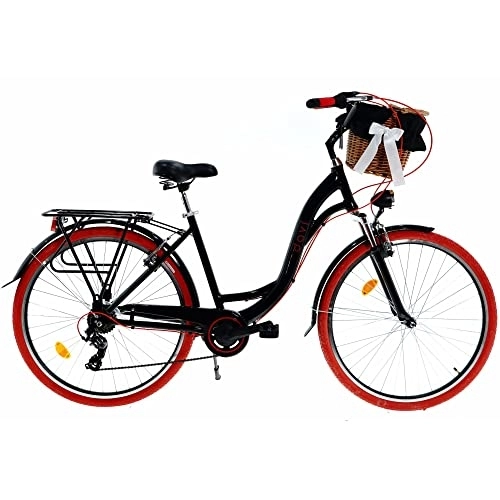Biciclette da città : Davi Maria Premium Bike in alluminio 160-185 cm altezza, Bicicletta Bici Citybike Donna Vintage Retro, Luce Bici, 7 marce, City Bike da Donna, Bici da Donna, Bici da Città (Nero / Rosso)