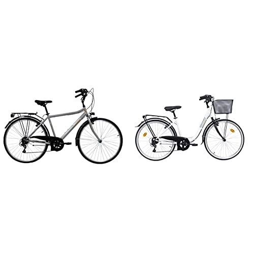 Biciclette da città : Discovery Bicicletta Uomo, Bici Trekking Manhattan 28'' Cambio Shimano 6 velocità, Colore Metal, Silver Metallizzato, 28 & 26%22, City Bike Donna 26'' -Colore Bianco