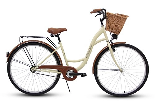 Biciclette da città : Goetze Eco Vintage City Bike Olanda Bicicletta da donna in acciaio, telaio in acciaio da 26 pollici, ruote in alluminio con freno a contropedale, 1 marcia, senza cambio e cestino in vimini incluso.