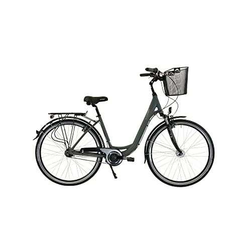 Biciclette da città : HAWK City Wave Deluxe Plus con cestello, bicicletta da donna 26 pollici, bicicletta leggera da donna con cambio Shimano a 7 marce e dinamo a mozzo, grigio