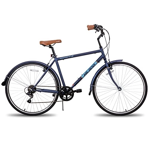 Biciclette da città : Hiland 700C Urban City Commuter Bike da uomo con cambio Shimano a 7 velocità, comoda e vintage, per strada, 50 cm, colore blu,