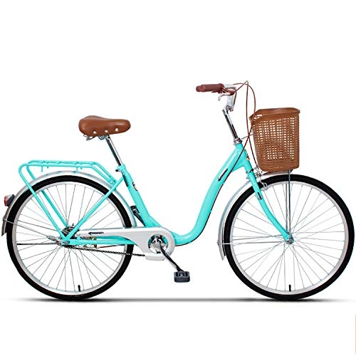 Biciclette da città : Ladies Bike, Bici Classic Cruiser Moto d'Epoca con Trasmissioni Telaio della Bicicletta Cestino Retro Tempo Libero Strada Urbana di Alluminio per Le Donne E Biciclette Olandese Bici da Uomo, Blu, 24"