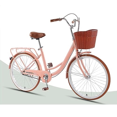 Biciclette da città : LEAUX Bicicletta da 24 pollici Bicicletta retrò da donna Bicicletta leggera unisex a velocità singola con cestino(Color:Pink)