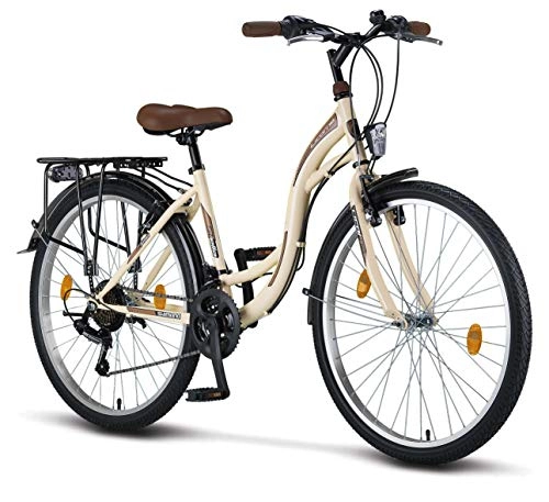Biciclette da città : Licorne Bicicletta olandese Stella Bike, city bike da 24, 26 e 28 pollici, adatta sia a uomini che a donne, con cambio a 21 marce, Bambina, beige., 26