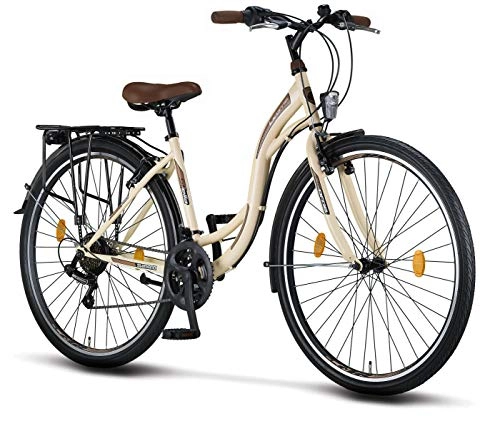Biciclette da città : Licorne Bicicletta olandese Stella Bike, city bike da 24, 26 e 28 pollici, adatta sia a uomini che a donne, con cambio a 21 marce, Donna, beige., 28