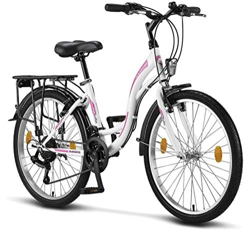 Biciclette da città : Licorne Bicicletta olandese Stella Bike, city bike da 24, 26 e 28 pollici, adatta sia a uomini che a donne, con cambio Shimano a 21 marce, Bambina Donna, bianco, 24