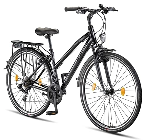 Biciclette da città : Licorne Bike Bicicletta da trekking Premium da 28 pollici, adatta a uomini, donne, ragazzi e ragazze, con cambio a 21 marce, L-V-ATB, Donna, nero / grigio, 28 inches