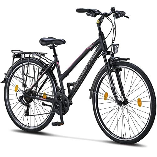 Biciclette da città : Licorne Bike Premium Trekking Bike da 28 pollici – Bicicletta per uomo, ragazzo, ragazza e donna – cambio Shimano 21 marce – City Bike – Bicicletta da uomo – L-V-ATB – Nero / Rosa