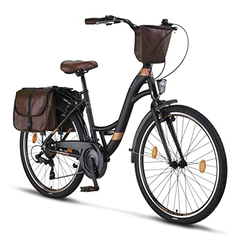 Biciclette da città : Licorne Bike Stella Plus Premium City Bike in alluminio da 26 pollici, per ragazze, ragazzi, uomini e donne, cambio a 21 marce, bicicletta olandese (26 pollici, nero)