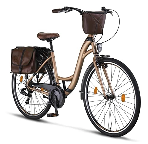 Biciclette da città : Licorne Bike Stella Plus Premium City Bike in alluminio da 28 pollici, per ragazze, ragazzi, uomini e donne, cambio a 21 marce, bicicletta olandese (28 pollici, oro)