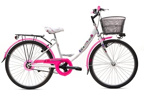 Biciclette da città : MADICKS Bicicletta Donna da Passeggio Monotubo Misura 26 Bici da città Vintage Retrò con Cestino Floreale Bianca Rosa Fluo