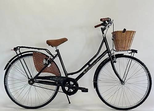 Biciclette da città : MADICKS Bicicletta Donna da Passeggio Olanda Misura 26 Bici da città Vintage retrò Nera con Cestino (Cestino in Vimini)