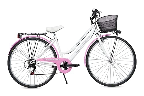 Biciclette da città : MADICKS Bicicletta Donna da Passeggio Olanda Misura 28 Bici da città Vintage retrò con Cestino Bianco Rosa Con Cambio