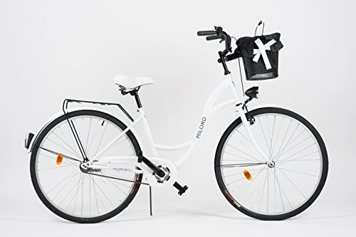 Biciclette da città : Milord. 2018 City Bike comfort con cestino, da donna stile olandese, 1 velocità, bianco, 71, 1 cm