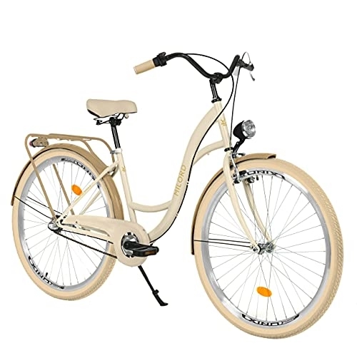 Biciclette da città : Milord. 26 pollici, 3 marce, color crema, marrone, comfort con portapacchi, bicicletta olandese, da donna, City Bike, stile retrò vintage