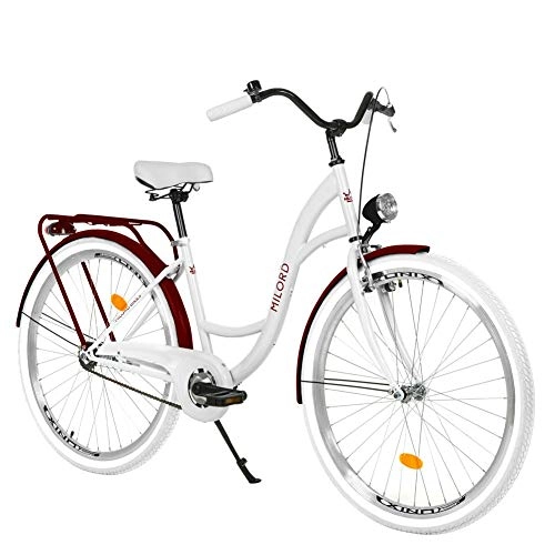 Biciclette da città : Milord. 28 pollici, 1 velocità, bianco e rosso vino, comoda bicicletta con portapacchi, bicicletta olandese da donna, City Bike, stile retrò vintage