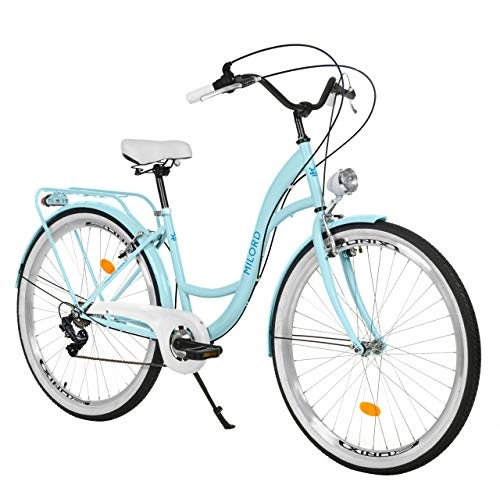 Biciclette da città : Milord. Bicicletta Comfort Azzurro a 7 velocità da 26 Pollici con Marsupio Posteriore, Bici Olandese, Bici da Donna, City Bike, retrò, Vintage