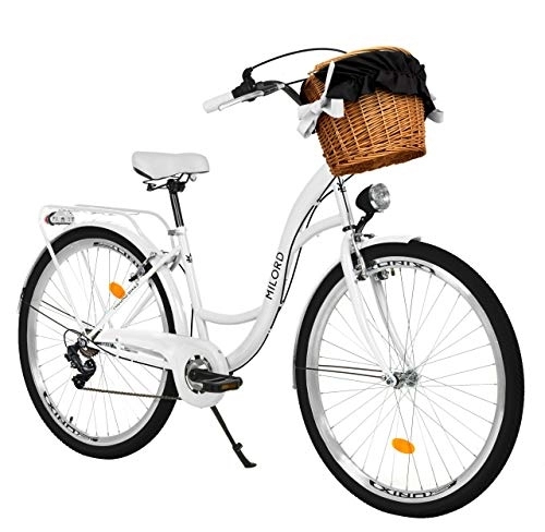 Biciclette da città : Milord. Bicicletta Comfort Bianco a 7 velocità da 26 Pollici con cestello e Marsupio Posteriore, Bici Olandese, Bici da Donna, City Bike, retrò, Vintage