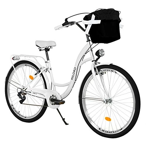 Biciclette da città : Milord. Bicicletta Comfort Bianco a 7 velocità da 28 Pollici con cestello e Marsupio Posteriore, Bici Olandese, Bici da Donna, City Bike, retrò, Vintage