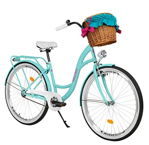 Biciclette da città : Milord. Bicicletta Comfort Colore del Mare a 1 velocità da 26 Pollici con cestello e Marsupio Posteriore, Bici Olandese, Bici da Donna, City Bike, retrò, Vintage