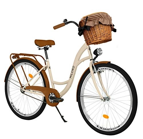 Biciclette da città : Milord. Bicicletta Comfort Marrone a 3 velocità da 26 Pollici con cestello e Marsupio Posteriore, Bici Olandese, Bici da Donna, City Bike, retrò, Vintage