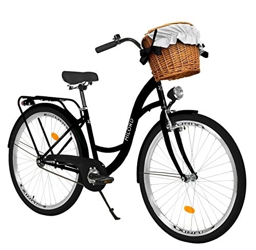 Biciclette da città : Milord. Bicicletta Comfort Nero a 3 velocità da 26 Pollici con cestello e Marsupio Posteriore, Bici Olandese, Bici da Donna, City Bike, retrò, Vintage