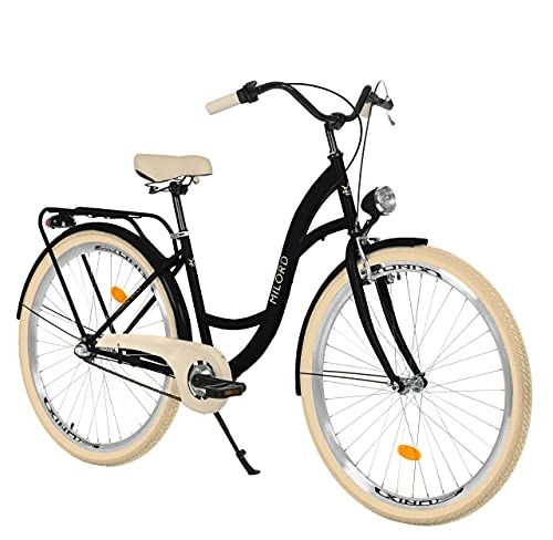 Biciclette da città : Milord. Bicicletta Comfort Nero e Crema a 3 velocità da 26 Pollici con Marsupio Posteriore, Bici Olandese, Bici da Donna, City Bike, retrò, Vintage
