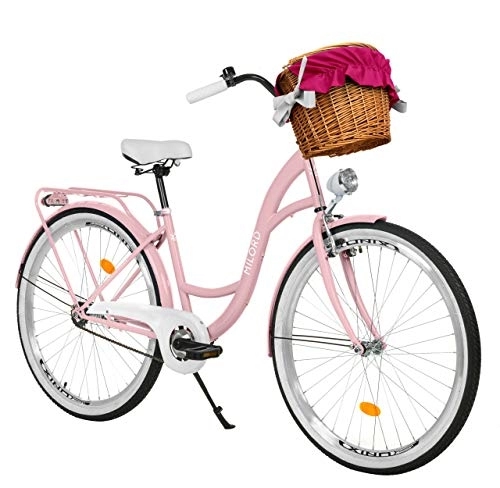 Biciclette da città : Milord. Bicicletta Comfort Rosa a 1 velocità da 26 Pollici con cestello e Marsupio Posteriore, Bici Olandese, Bici da Donna, City Bike, retrò, Vintage