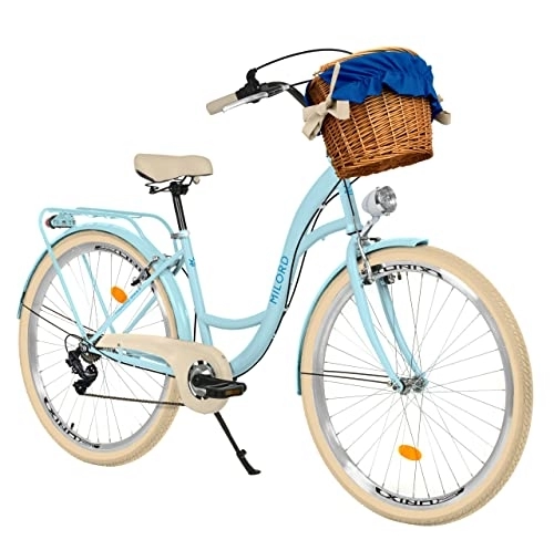 Biciclette da città : Milord - Bicicletta con cestino, 28 pollici, stile vintage, cambio Shimano a 7 marce