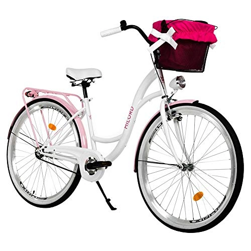Biciclette da città : Milord. Bicicletta da donna, 26 pollici, 1 marcia, bianco, rosa, con cestino Holland, stile retrò vintage