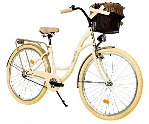 Biciclette da città : Milord. Bicicletta da Donna, 28", 1 Marcia, Marrone Crema, con Cestino, Stile retrò Vintage