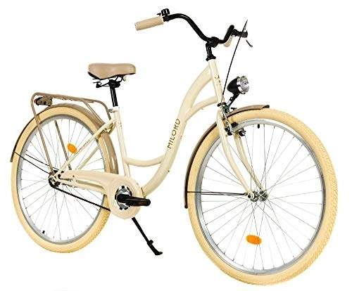 Biciclette da città : Milord. Bicicletta da donna, 28", 1 marcia, marrone crema, con portapacchi, stile retrò vintage