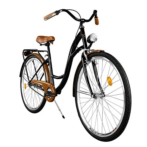 Biciclette da città : Milord. - Bicicletta da donna con bretelle sul retro, modello olandese, 1 velocità, colore: Nero / Marrone