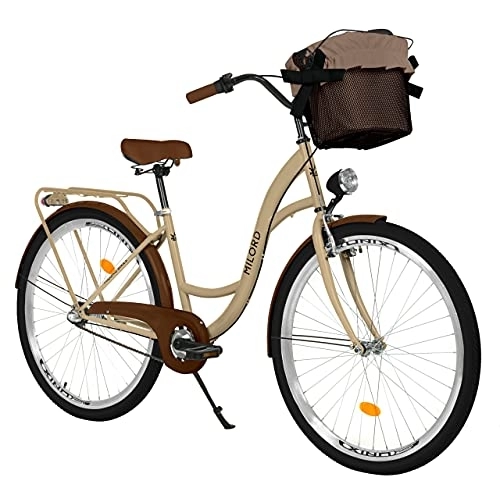 Biciclette da città : Milord - Bicicletta da donna con cestino, 3 marce, marrone, 28 pollici
