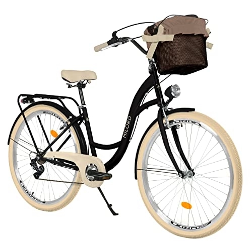 Biciclette da città : Milord - Bicicletta da donna con cestino, stile vintage, 26 pollici, colore: nero e crema, 7 marce Shimano