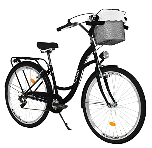 Biciclette da città : Milord - Bicicletta da donna con cestino, stile vintage, 26 pollici, con cambio Shimano a 7 marce, colore: nero