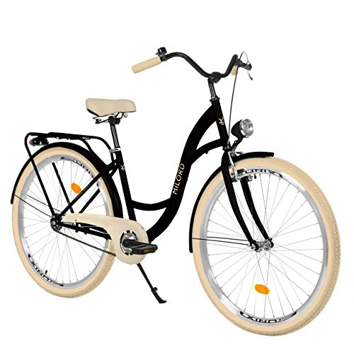 Biciclette da città : Milord Bikes Bicicletta Comfort Nero e Crema a 3 velocità da 26 Pollici con Marsupio Posteriore, Bici Olandese, Bici da Donna, City Bike, retrò, Vintage