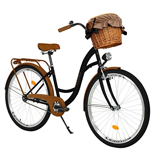 Biciclette da città : Milord Bikes Bicicletta Comfort Nero - Marrone a 1 velocità da 26 Pollici con cestello e Marsupio Posteriore, Bici Olandese, Bici da Donna, City Bike, retrò, Vintage