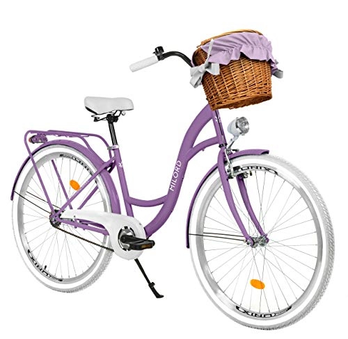 Biciclette da città : Milord Bikes Bicicletta Comfort Viola a 1 velocità da 28 Pollici con cestello e Marsupio Posteriore, Bici Olandese, Bici da Donna, City Bike, retrò, Vintage